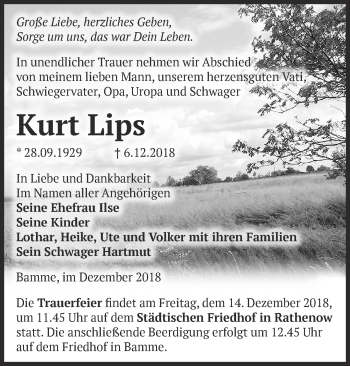 Traueranzeige von Kurt Lips von Märkische Oderzeitung