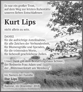 Traueranzeige von Kurt Lips von Märkische Oderzeitung