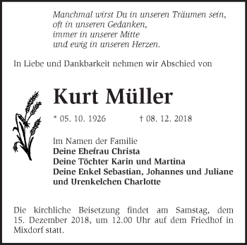 Traueranzeige von Kurt Müller von Märkische Oderzeitung