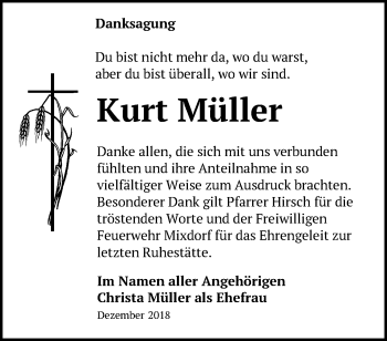 Traueranzeige von Kurt Müller von Märkische Oderzeitung