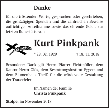 Traueranzeige von Kurt Pinkpank von Märkische Oderzeitung