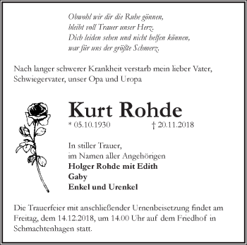 Traueranzeige von Kurt Rohde von Märkische Oderzeitung