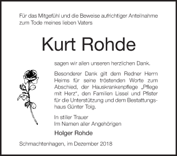 Traueranzeige von Kurt Rohde von Märkische Oderzeitung