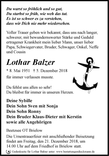 Traueranzeige von Lothar Balzer von Märkische Oderzeitung