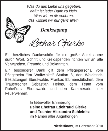 Traueranzeige von Lothar Gierke von Märkische Oderzeitung