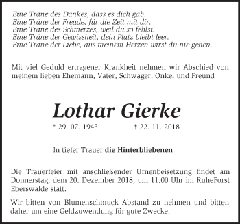 Traueranzeige von Lothar Gierke von Märkische Oderzeitung