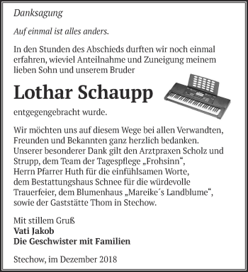 Traueranzeige von Lothar Schaupp von Märkische Oderzeitung