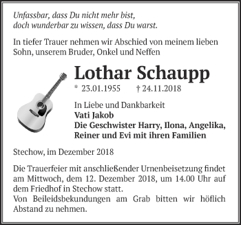 Traueranzeige von Lothar Schaupp von Märkische Oderzeitung