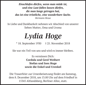 Traueranzeige von Lydia Hoge von Märkische Oderzeitung