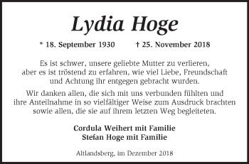 Traueranzeige von Lydia Hoge von Märkische Oderzeitung