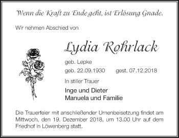 Traueranzeige von Lydia Rohrlack von Märkische Oderzeitung