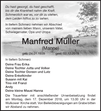 Traueranzeige von Manfred Müller von Märkische Oderzeitung