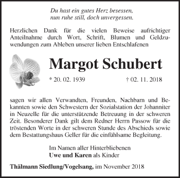 Traueranzeige von Margot Schubert von Märkische Oderzeitung