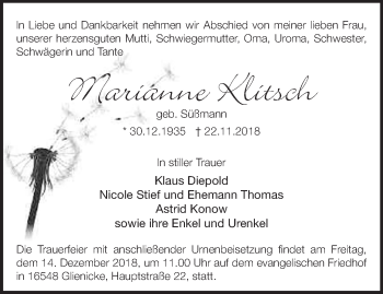 Traueranzeige von Marianne Klitsch von Märkische Oderzeitung