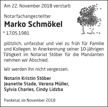 Traueranzeige von Marko Schmökel von Märkische Oderzeitung