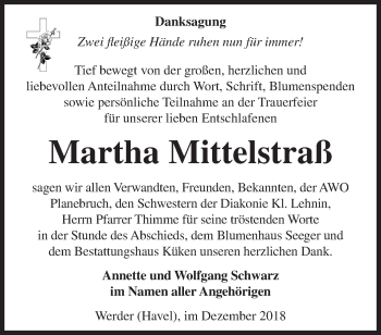 Traueranzeige von Martha Mittelstraß von Märkische Oderzeitung