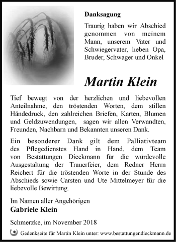 Traueranzeige von Martin Klein von Märkische Oderzeitung