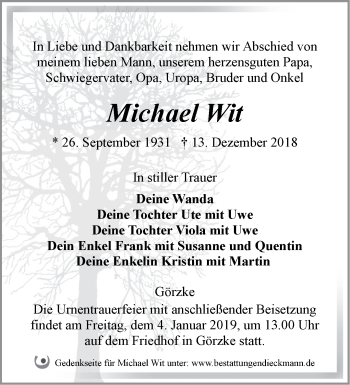 Traueranzeige von Michael Wit von Märkische Oderzeitung