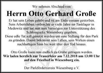 Traueranzeige von Otto Gerhard Große von Märkische Oderzeitung