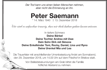 Traueranzeige von Peter Saemann von Märkische Oderzeitung