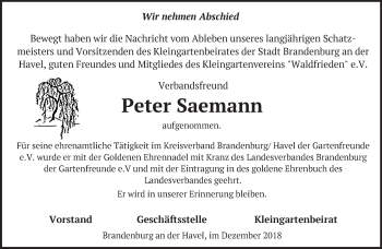 Traueranzeige von Peter Saemann von Märkische Oderzeitung