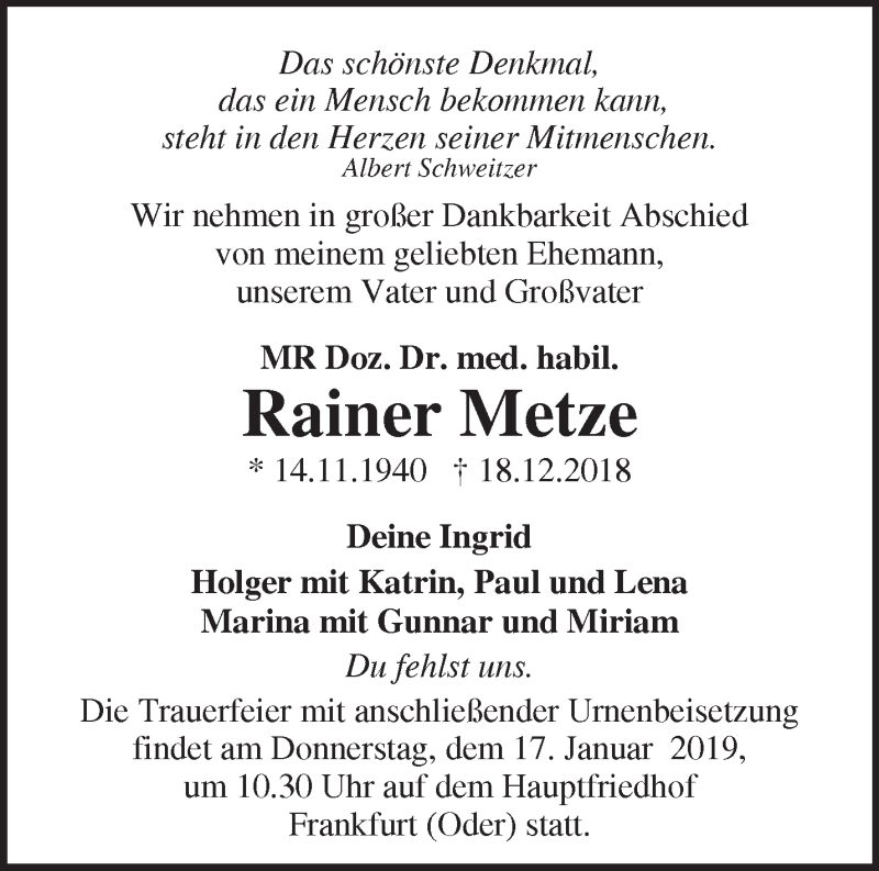  Traueranzeige für Rainer Metze vom 29.12.2018 aus Märkische Oderzeitung