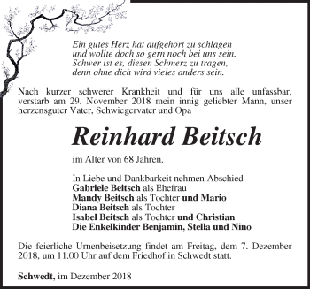 Traueranzeige von Reinhard Beitsch von Märkische Oderzeitung