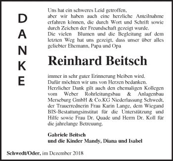 Traueranzeige von Reinhard Beitsch von Märkische Oderzeitung