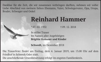 Traueranzeige von Reinhard Hammer von Märkische Oderzeitung