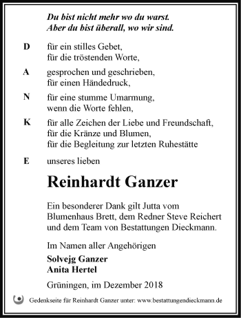 Traueranzeige von Reinhardt Ganzer von Märkische Oderzeitung