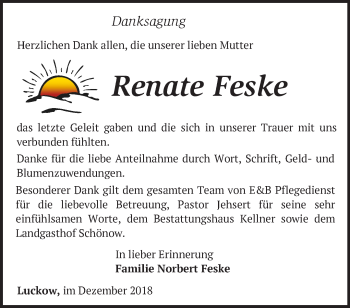 Traueranzeige von Renate Feske von Märkische Oderzeitung