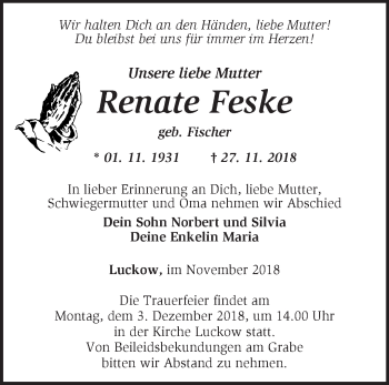 Traueranzeige von Renate Feske von Märkische Oderzeitung