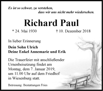 Traueranzeige von Richard Paul von Märkische Oderzeitung