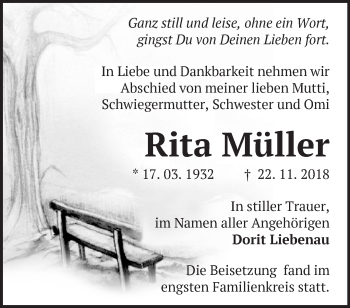 Traueranzeige von Rita Müller von Märkische Oderzeitung