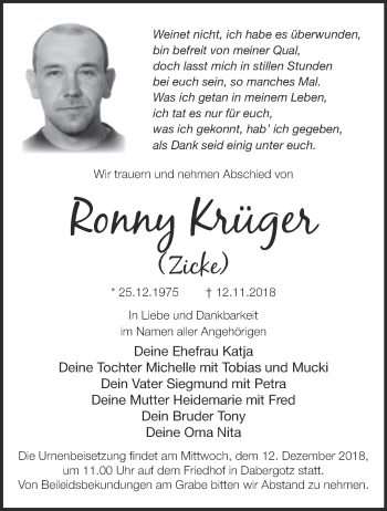 Traueranzeige von Ronny Krüger von Märkische Oderzeitung