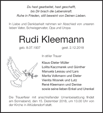 Traueranzeige von Rudi Kleemann von Märkische Oderzeitung