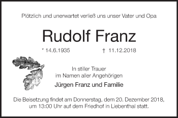 Traueranzeige von Rudolf Franz von Märkische Oderzeitung