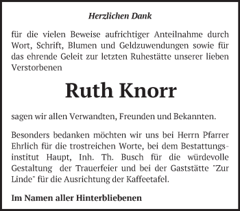 Traueranzeige von Ruth Knorr von Märkische Oderzeitung