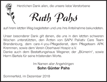 Traueranzeige von Ruth Pahs von Märkische Oderzeitung