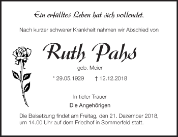 Traueranzeige von Ruth Pahs von Märkische Oderzeitung