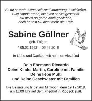 Traueranzeige von Sabine Göllner von Märkische Oderzeitung