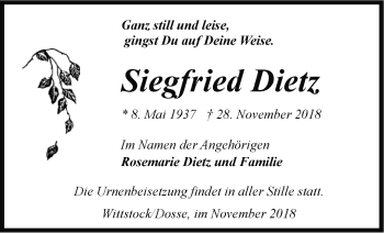 Traueranzeige von Siegfried Dietz von Märkische Oderzeitung