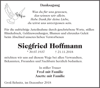 Traueranzeige von Siegfried Hoffmann von Märkische Oderzeitung