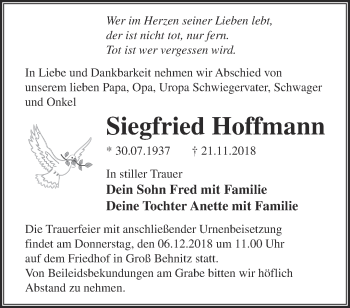 Traueranzeige von Siegfried Hoffmann von Märkische Oderzeitung