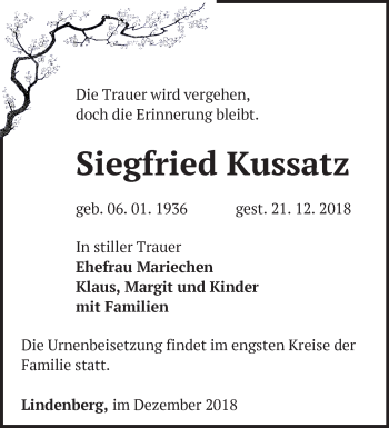 Traueranzeige von Siegfried Kussatz von Märkische Oderzeitung