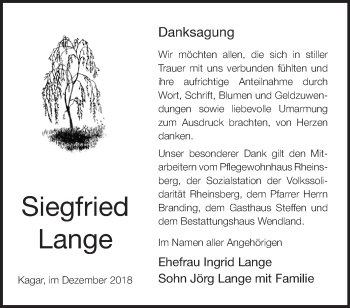 Traueranzeige von Siegfried Lange von Märkische Oderzeitung