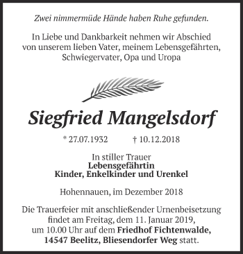 Traueranzeige von Siegfried Mangelsdorf von Märkische Oderzeitung