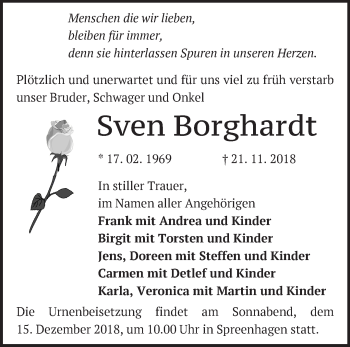 Traueranzeige von Sven Borghardt von Märkische Oderzeitung