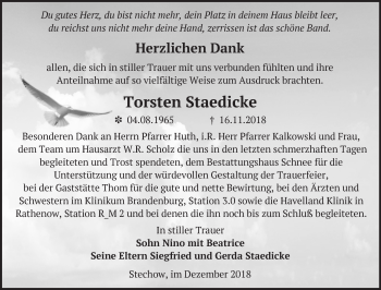 Traueranzeige von Torsten Staedicke von Märkische Oderzeitung