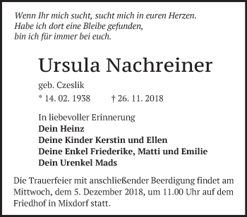 Traueranzeige von Ursula Nachreiner von Märkische Oderzeitung